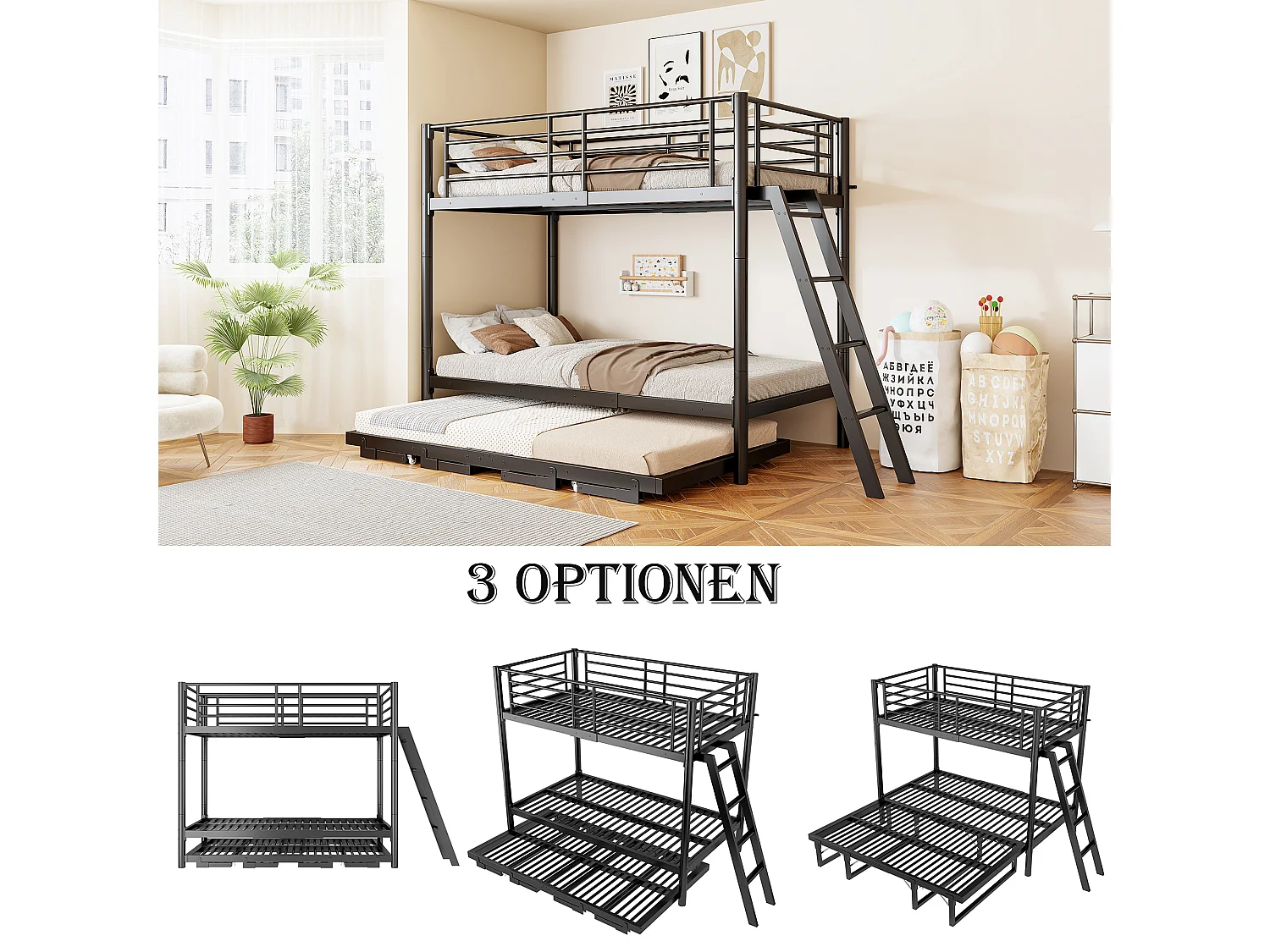 Stapelbed 2 x 90 x 200 cm met uitschuifbaar bed 90 x 190 cm - Metaal - Modulaire slaapopstelling - Zwart (matras niet inbegrepen)