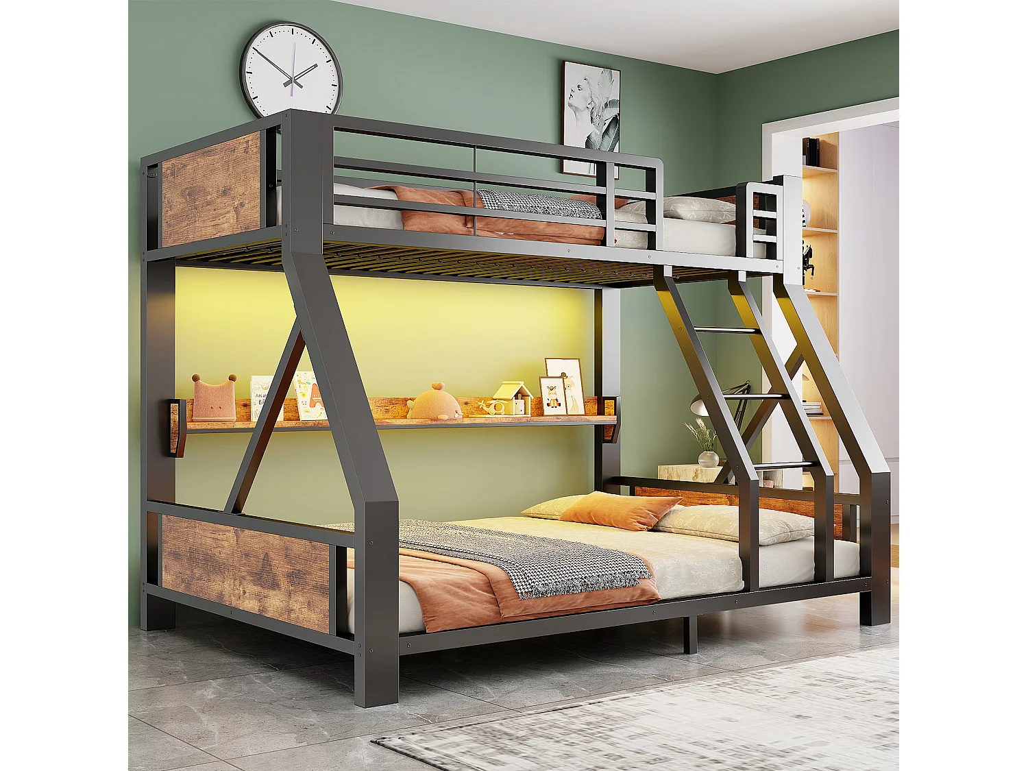 Stapelbed 90 x 200 / 140 x 200 cm met LED-verlichting en plank - Metaal, multiplex en meerlaags paneel - Zwart (matras niet inbegrepen)
