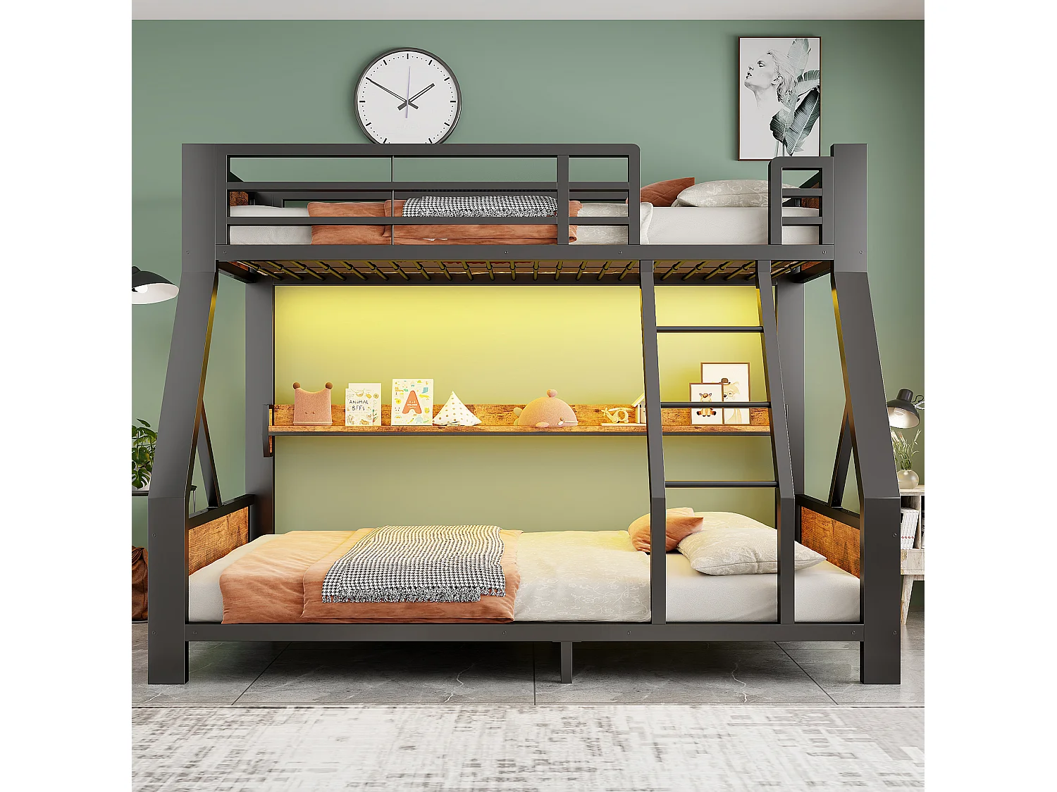 Stapelbed 90 x 200 / 140 x 200 cm met LED-verlichting en plank - Metaal, multiplex en meerlaags paneel - Zwart (matras niet inbegrepen)