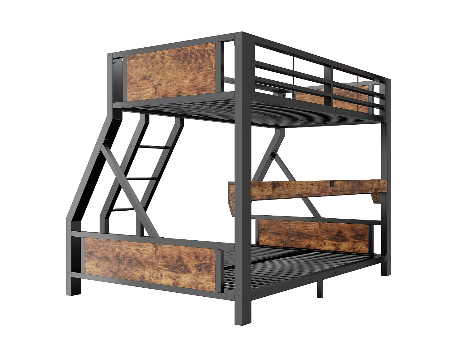 Stapelbed 90 x 200 / 140 x 200 cm met LED-verlichting en plank - Metaal, multiplex en meerlaags paneel - Zwart (matras niet inbegrepen)