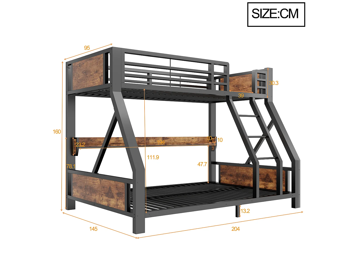 Stapelbed 90 x 200 / 140 x 200 cm met LED-verlichting en plank - Metaal, multiplex en meerlaags paneel - Zwart (matras niet inbegrepen)