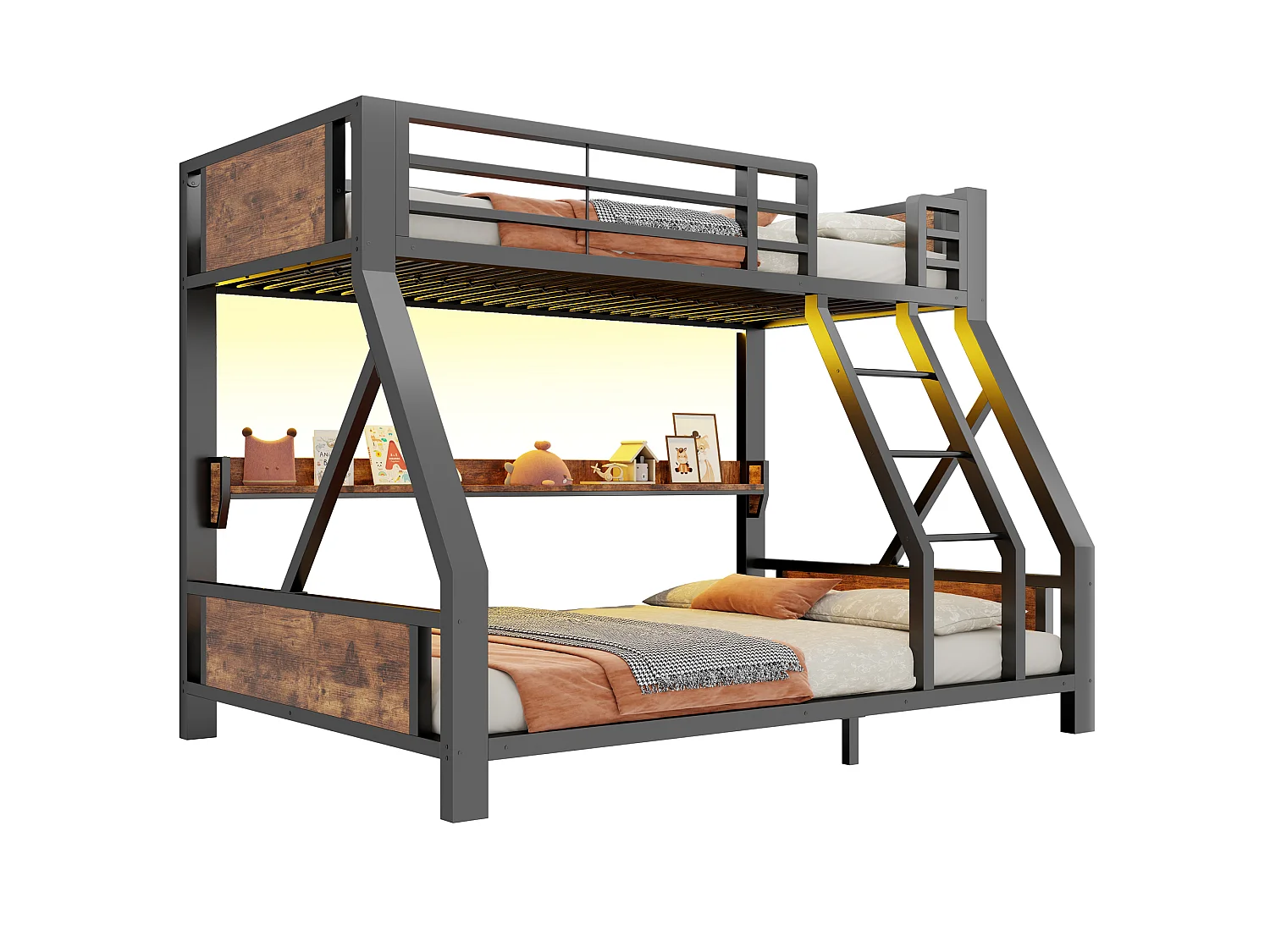 Stapelbed 90 x 200 / 140 x 200 cm met LED-verlichting en plank - Metaal, multiplex en meerlaags paneel - Zwart (matras niet inbegrepen)