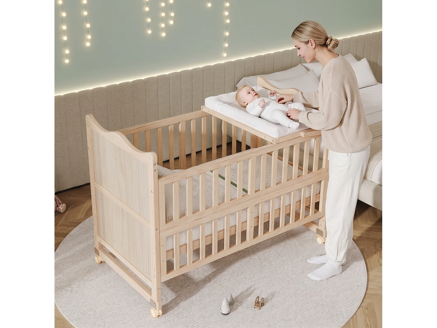 Lit bébé évolutif 3-en-1 avec plan à langer et roulettes - 60 x 120 cm - 3 hauteurs réglables - Pin massif - Naturel