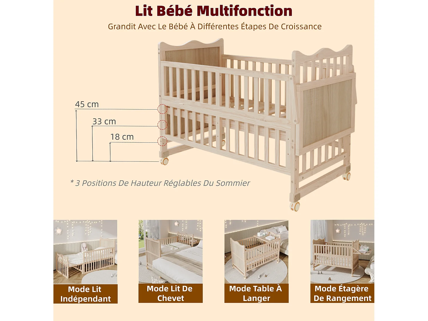 Lit bébé évolutif 3-en-1 avec plan à langer et roulettes - 60 x 120 cm - 3 hauteurs réglables - Pin massif - Naturel