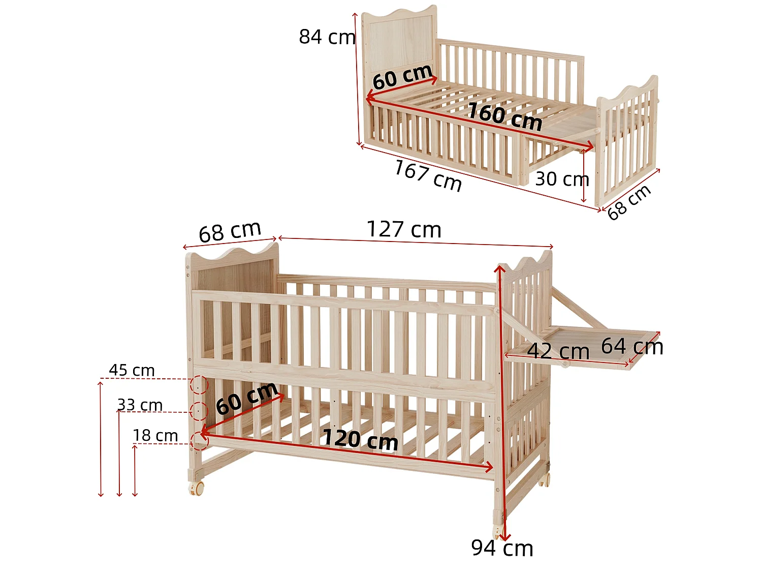 Lit bébé évolutif 3-en-1 avec plan à langer et roulettes - 60 x 120 cm - 3 hauteurs réglables - Pin massif - Naturel