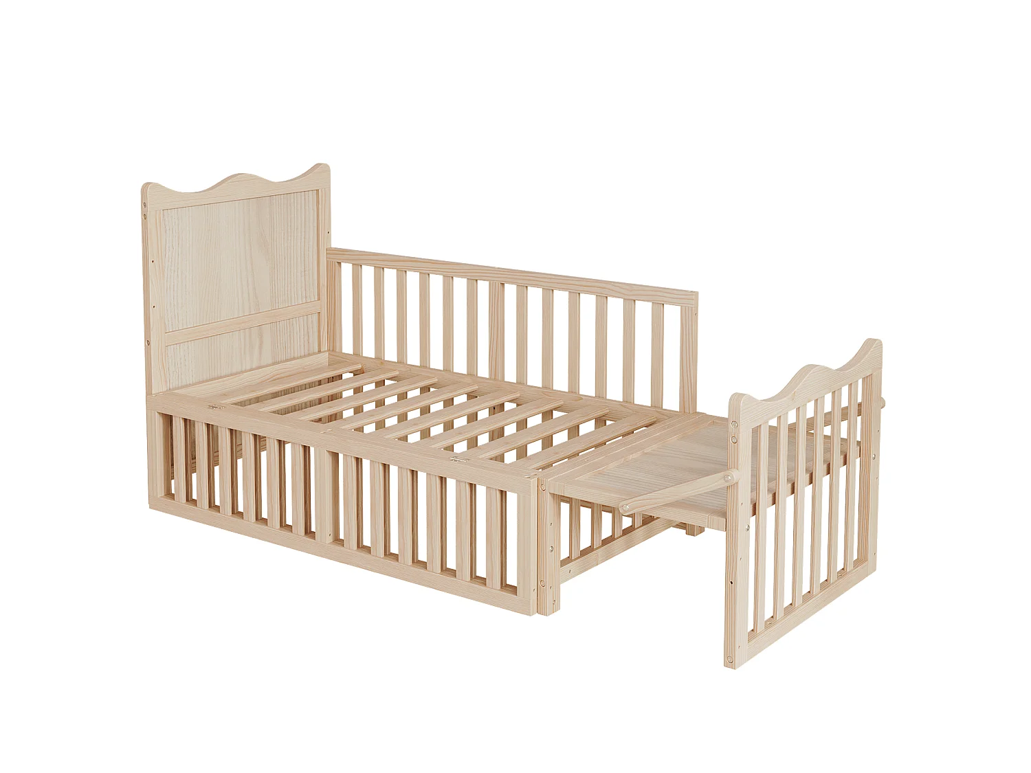 Lit bébé évolutif 3-en-1 avec plan à langer et roulettes - 60 x 120 cm - 3 hauteurs réglables - Pin massif - Naturel