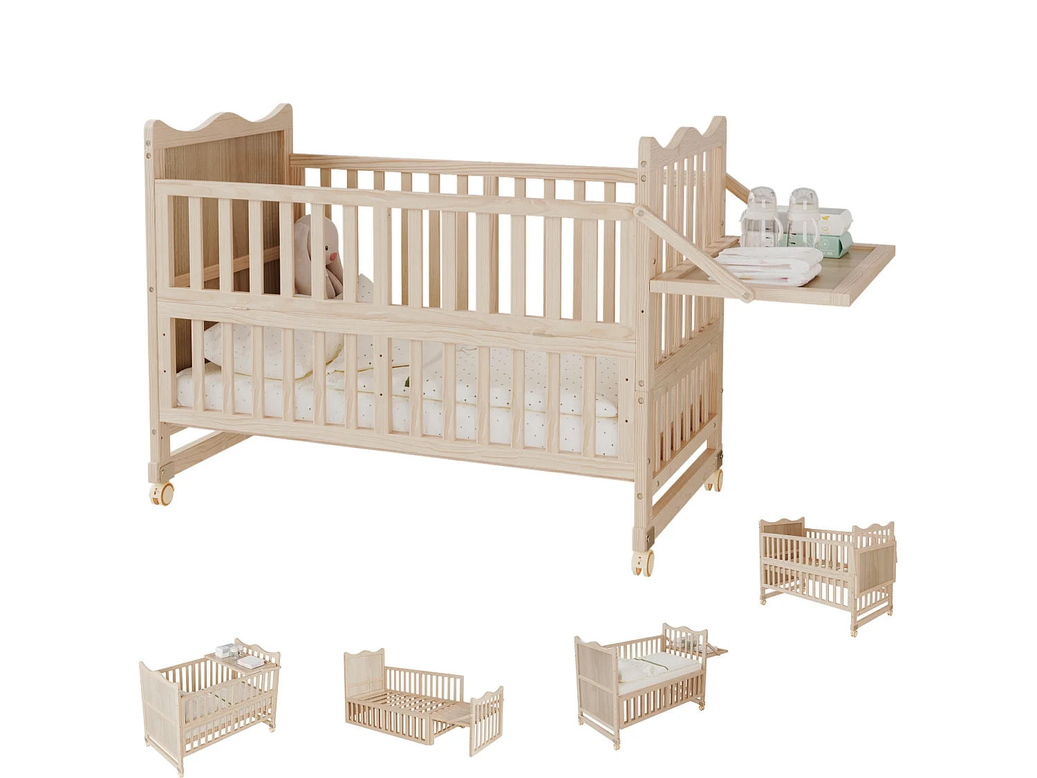 Lit bébé évolutif 3-en-1 avec plan à langer et roulettes - 60 x 120 cm - 3 hauteurs réglables - Pin massif - Naturel