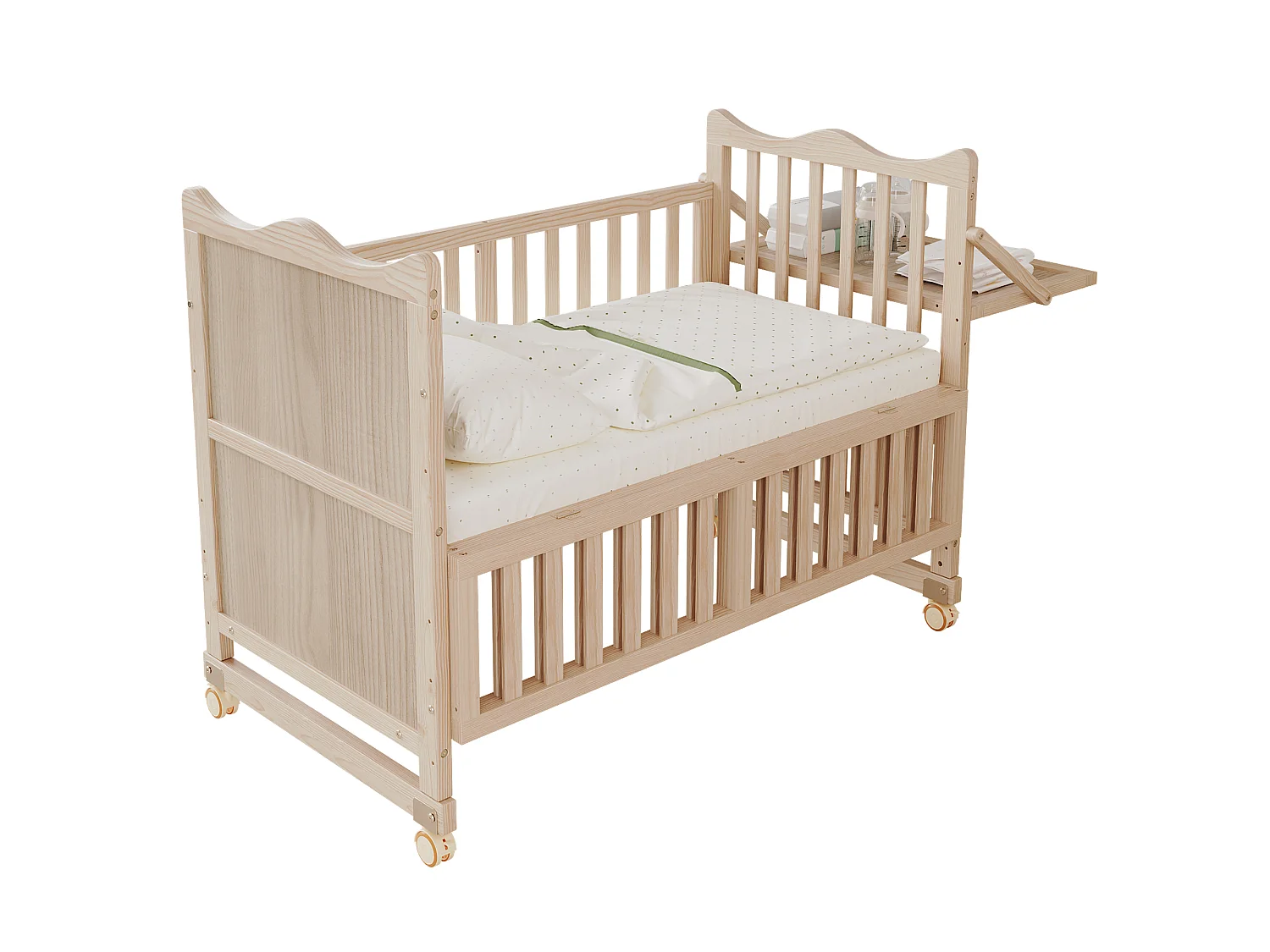 Lit bébé évolutif 3-en-1 avec plan à langer et roulettes - 60 x 120 cm - 3 hauteurs réglables - Pin massif - Naturel