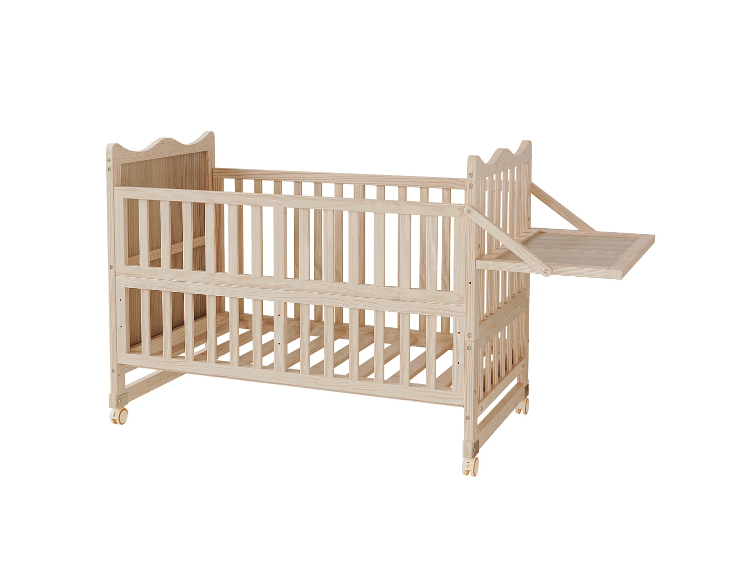 Lit bébé évolutif 3-en-1 avec plan à langer et roulettes - 60 x 120 cm - 3 hauteurs réglables - Pin massif - Naturel