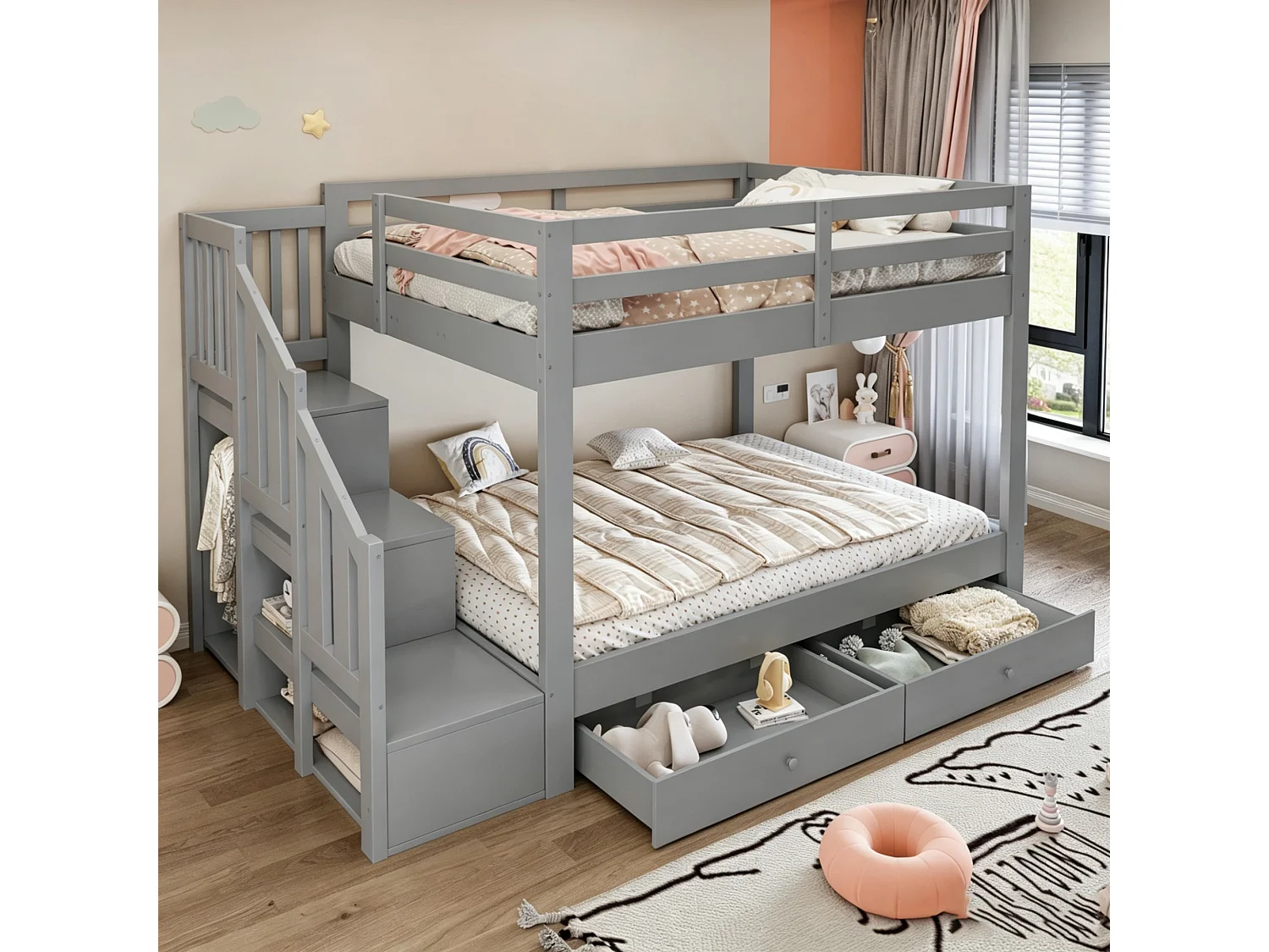 Etagenbett 140 x 200 cm mit Leiter und 2 Schubladen – Kiefernholz – Grau(ohne Matratze)