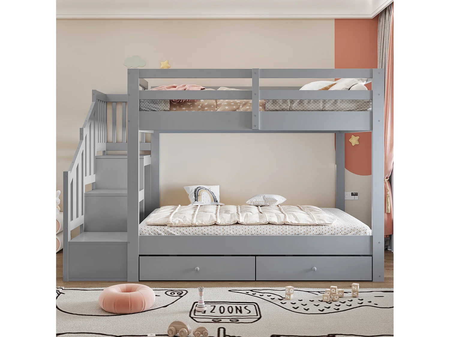 Etagenbett 140 x 200 cm mit Leiter und 2 Schubladen – Kiefernholz – Grau(ohne Matratze)
