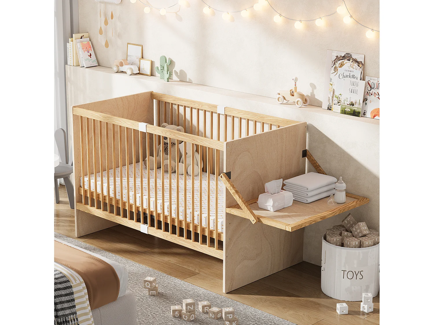 Lit bébé évolutif avec plan à langer latéral - 140 x 70 x 95 cm - 4 hauteurs réglables - Bois massif de pin - Naturel