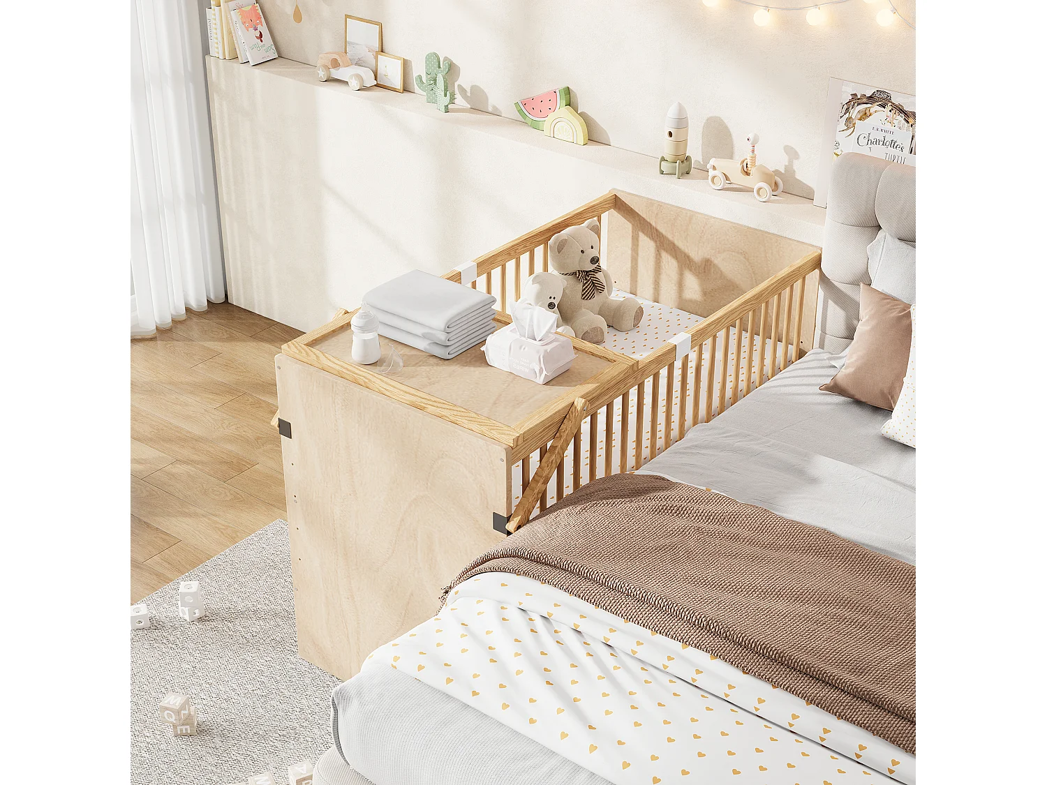 Lit bébé évolutif avec plan à langer latéral - 140 x 70 x 95 cm - 4 hauteurs réglables - Bois massif de pin - Naturel