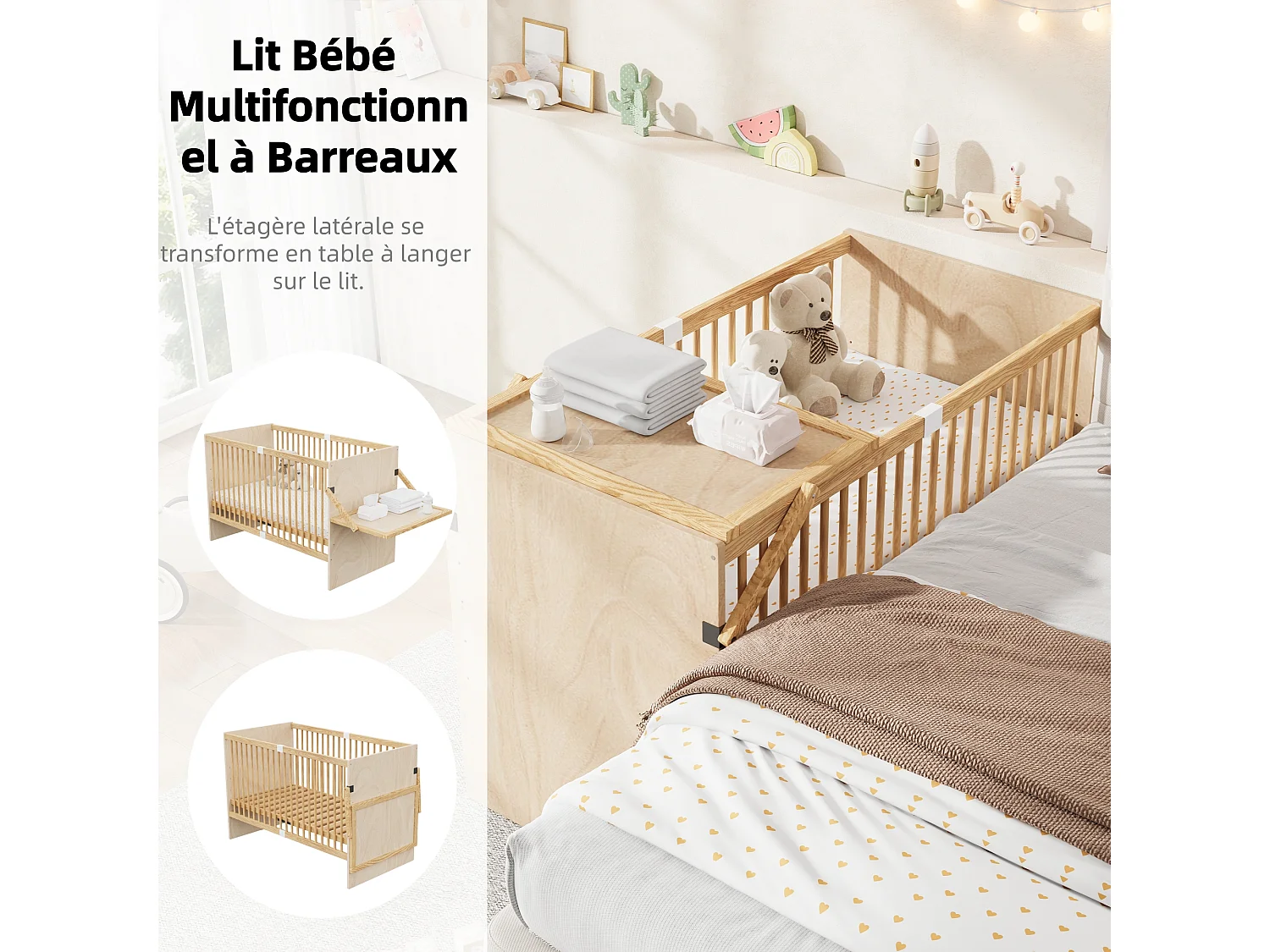 Lit bébé évolutif avec plan à langer latéral - 140 x 70 x 95 cm - 4 hauteurs réglables - Bois massif de pin - Naturel