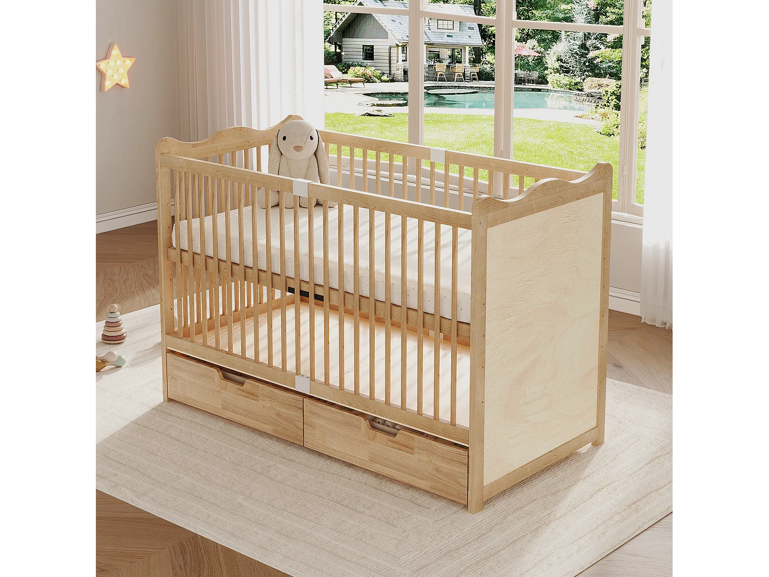 Lit bébé avec 2 tiroirs sur roulettes - 140 x 70 x 100 cm - 4 hauteurs réglables - Bois massif de pin - Naturel