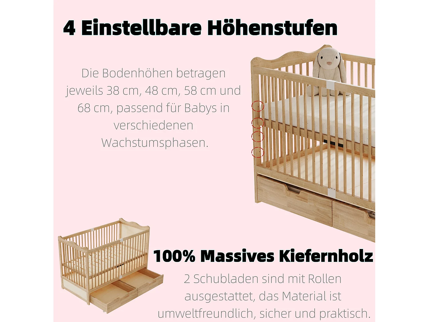 Lit bébé avec 2 tiroirs sur roulettes - 140 x 70 x 100 cm - 4 hauteurs réglables - Bois massif de pin - Naturel