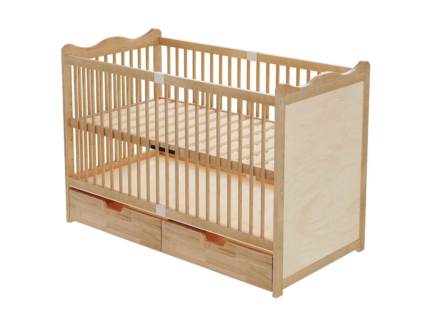 Lit bébé avec 2 tiroirs sur roulettes - 140 x 70 x 100 cm - 4 hauteurs réglables - Bois massif de pin - Naturel