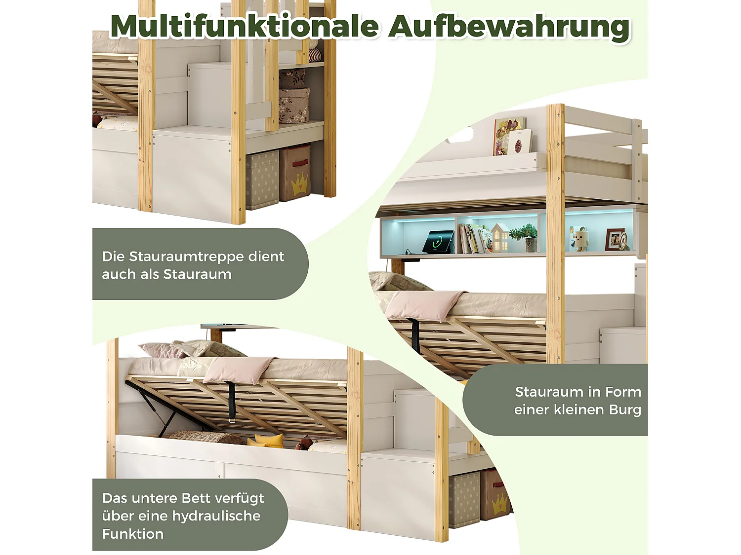 Letto a castello 2 x 90 x 200 cm con scaletta contenitore e letto inferiore idraulico - Pino + MDF - LED - Bianco (materasso non incluso)
