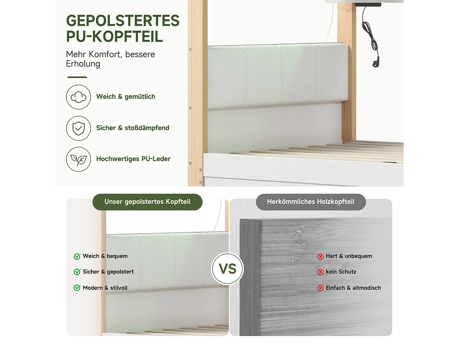 Letto a castello 2 x 90 x 200 cm con scaletta contenitore e letto inferiore idraulico - Pino + MDF - LED - Bianco (materasso non incluso)