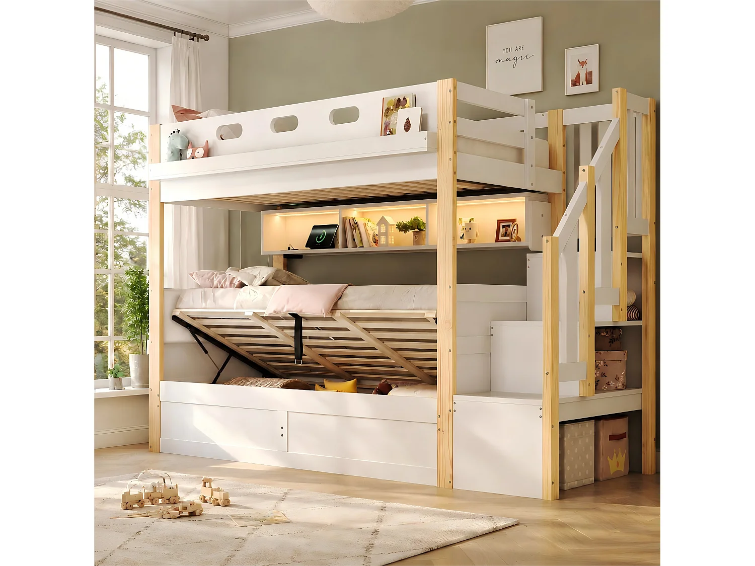 Letto a castello 2 x 90 x 200 cm con scaletta contenitore e letto inferiore idraulico - Pino + MDF - LED - Bianco (materasso non incluso)
