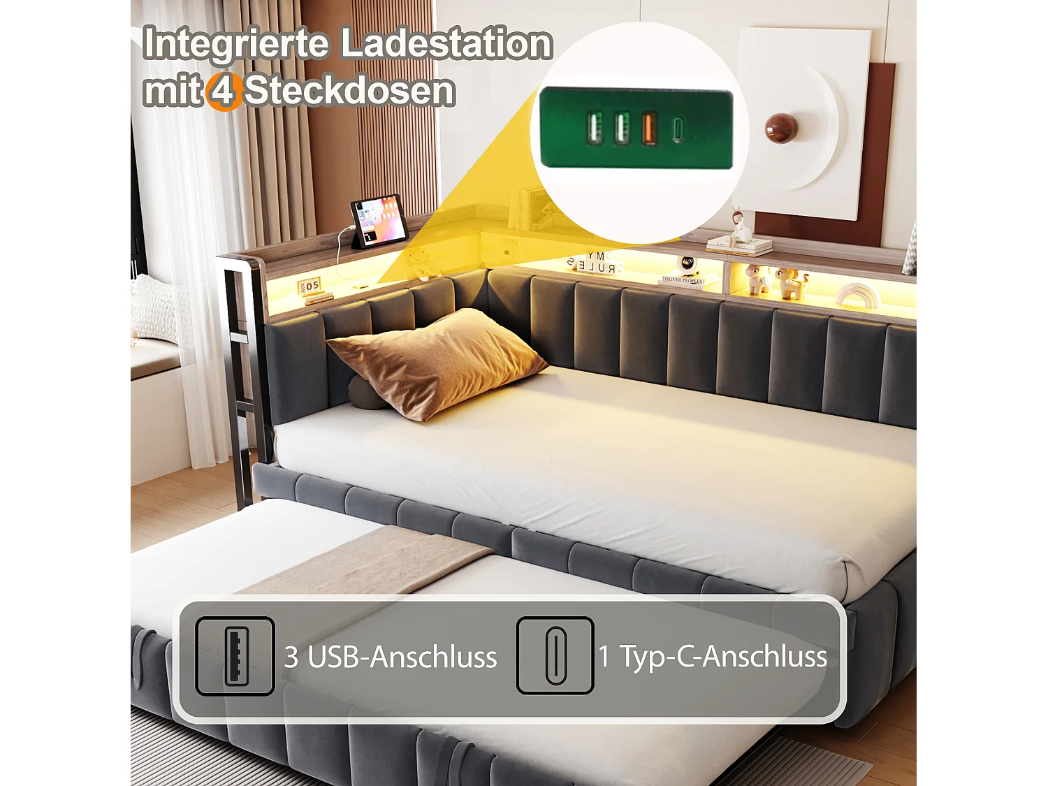 Udtræksseng 90 x 200 cm + 90 x 190 cm med hovedgærde, LED-belysning og USB/Type-C-porte - Fløjl - Mørkegrå (madras medfølger ikke)