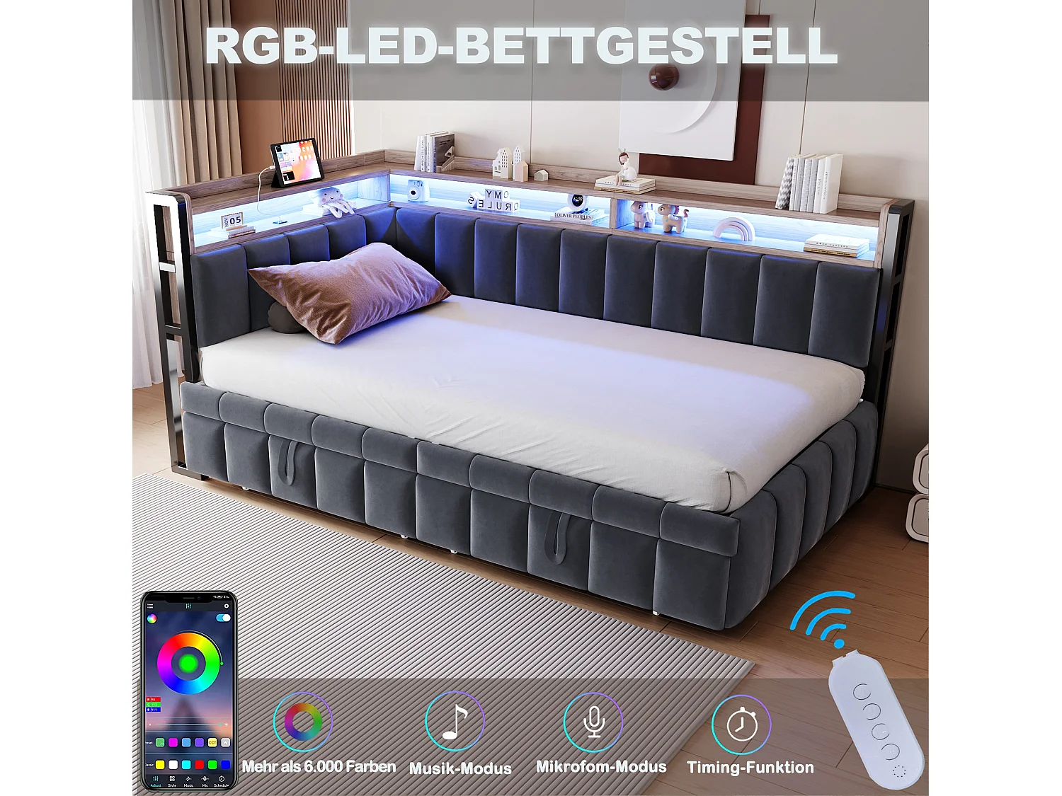 Udtræksseng 90 x 200 cm + 90 x 190 cm med hovedgærde, LED-belysning og USB/Type-C-porte - Fløjl - Mørkegrå (madras medfølger ikke)