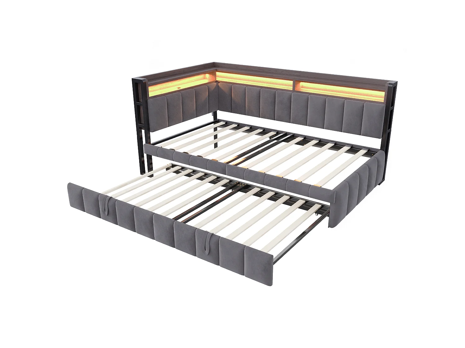 Udtræksseng 90 x 200 cm + 90 x 190 cm med hovedgærde, LED-belysning og USB/Type-C-porte - Fløjl - Mørkegrå (madras medfølger ikke)