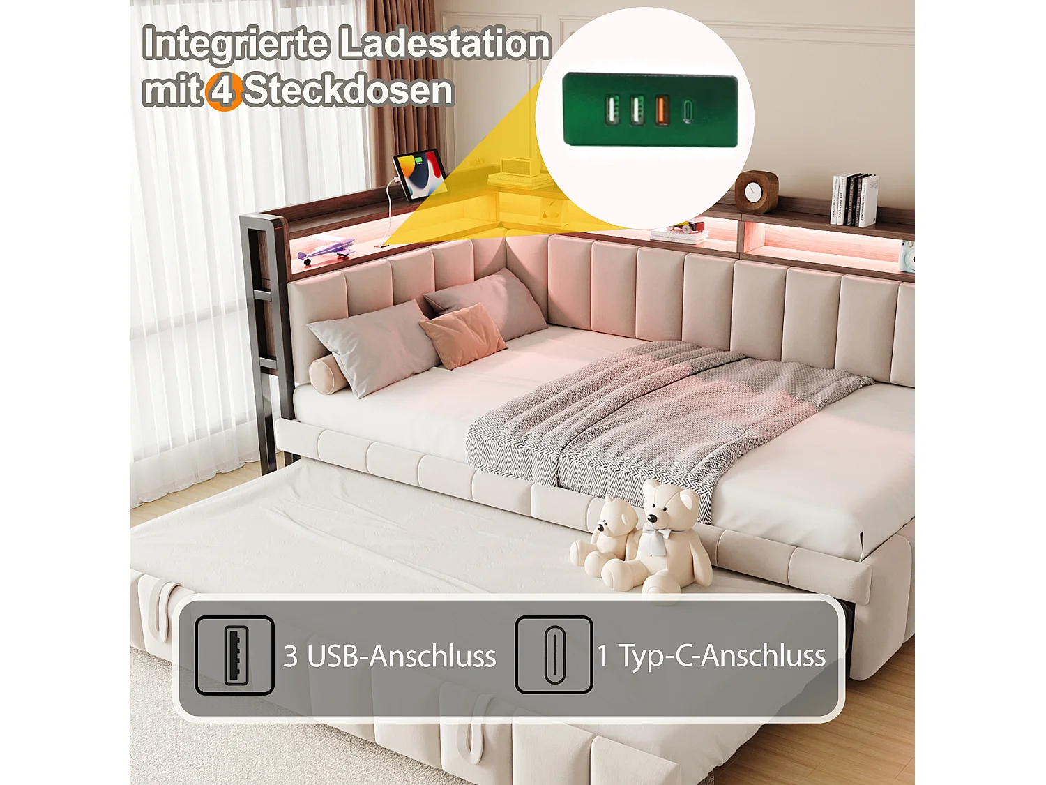 Udtræksseng 90 x 200 cm + 90 x 190 cm med hovedgærde, LED-belysning og USB/Type-C-porte - Fløjl - Beige (madras medfølger ikke)