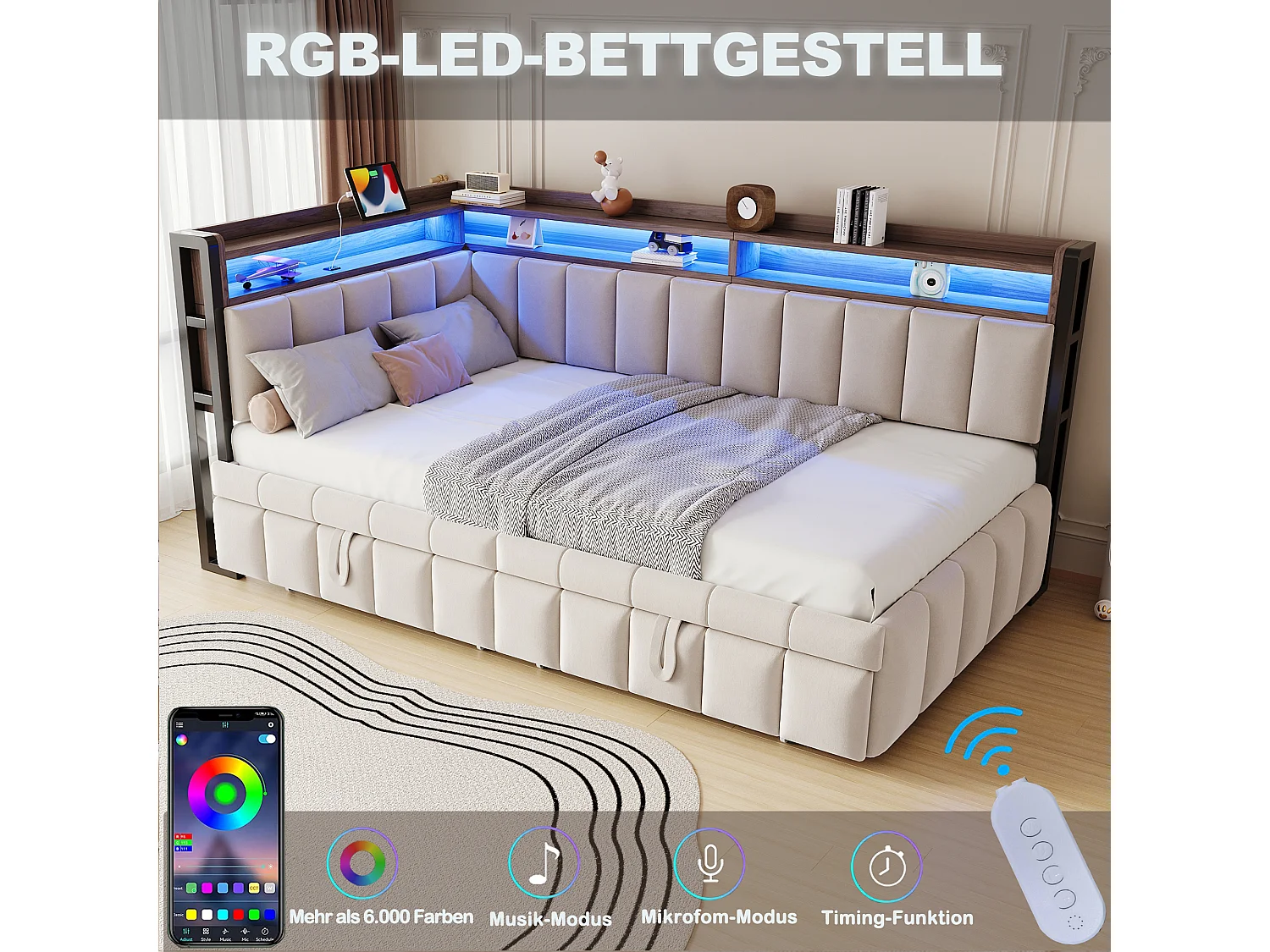 Udtræksseng 90 x 200 cm + 90 x 190 cm med hovedgærde, LED-belysning og USB/Type-C-porte - Fløjl - Beige (madras medfølger ikke)