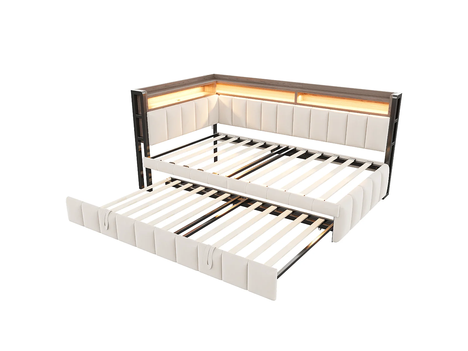 Udtræksseng 90 x 200 cm + 90 x 190 cm med hovedgærde, LED-belysning og USB/Type-C-porte - Fløjl - Beige (madras medfølger ikke)