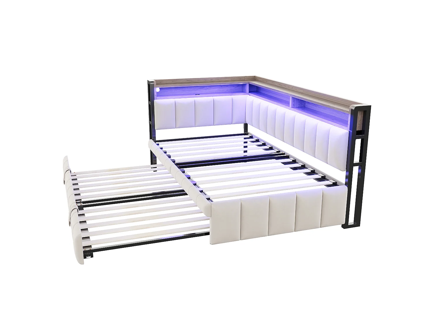 Udtræksseng 90 x 200 cm + 90 x 190 cm med hovedgærde, LED-belysning og USB/Type-C-porte - Fløjl - Beige (madras medfølger ikke)