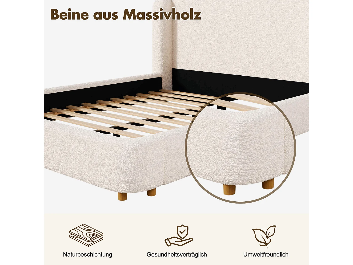 Polstret seng 180 x 200 cm med hovedgærde - Bouclé Moderne stil - Beige (madras medfølger ikke)