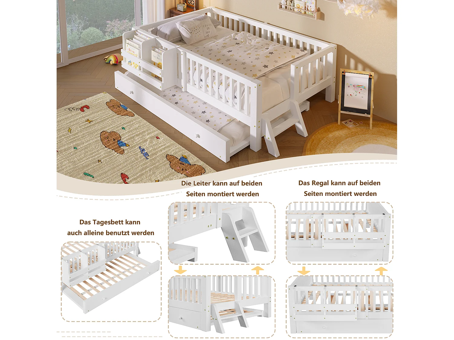 Lit enfant 90 x 200 cm avec lit gigogne, barrières, échelle et étagère réversibles - MDF/Pin - Blanc (Sans matelas)