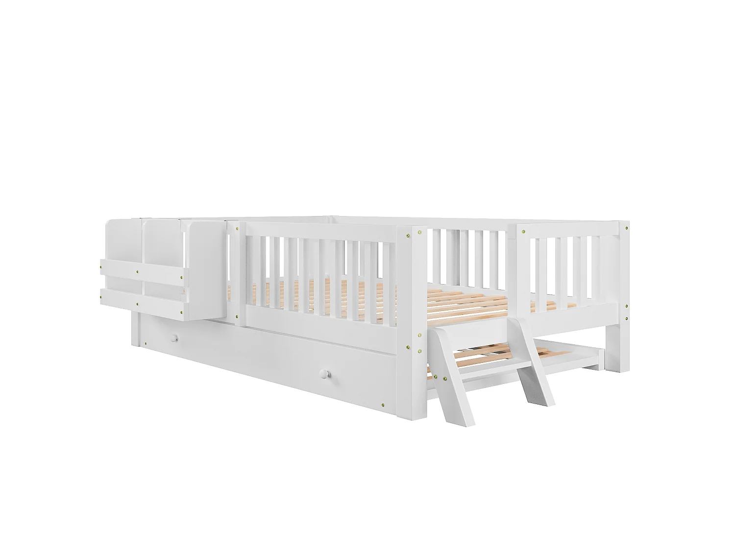 Lit enfant 90 x 200 cm avec lit gigogne, barrières, échelle et étagère réversibles - MDF/Pin - Blanc (Sans matelas)