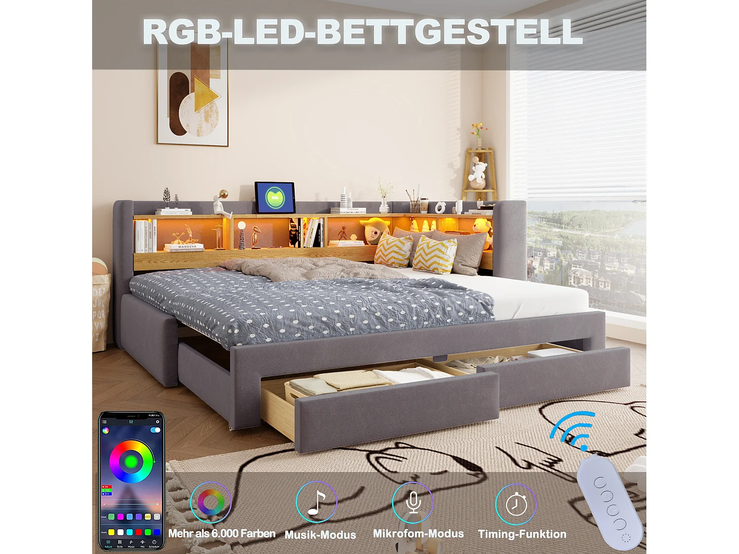 Udtræksseng 90/180 x 200 cm med 2 skuffer, LED-belysning og stikkontakt - Velour - Grå (madras medfølger ikke)