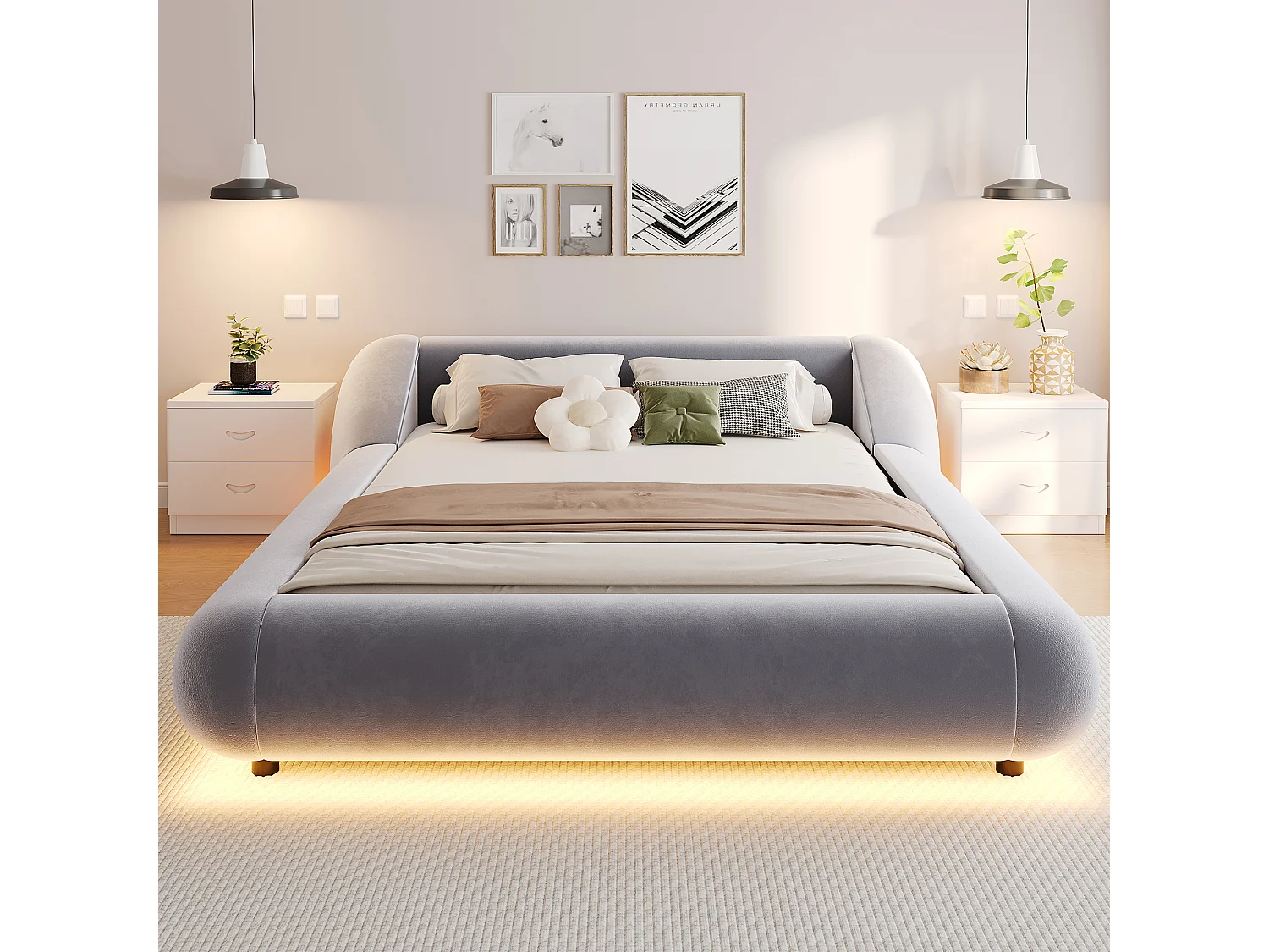 Polstret seng 140 x 200 cm med hovedgærde der omslutter og LED-belysning - Fløjl - Buet design - Grå (madras medfølger ikke)