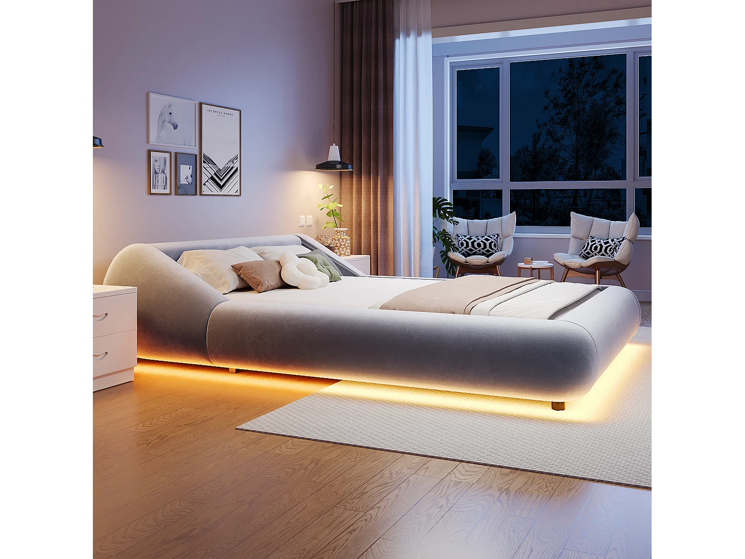 Polstret seng 140 x 200 cm med hovedgærde der omslutter og LED-belysning - Fløjl - Buet design - Grå (madras medfølger ikke)