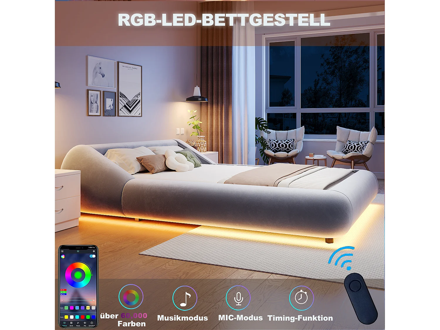 Polstret seng 140 x 200 cm med hovedgærde der omslutter og LED-belysning - Fløjl - Buet design - Grå (madras medfølger ikke)