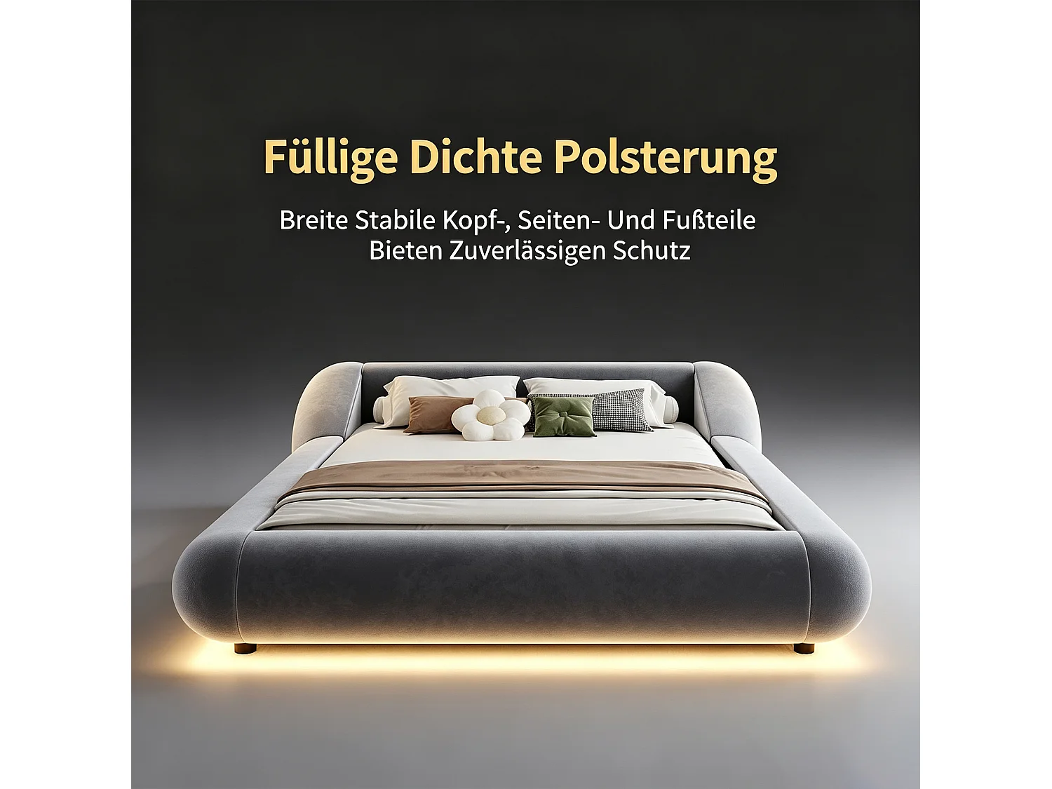 Polstret seng 140 x 200 cm med hovedgærde der omslutter og LED-belysning - Fløjl - Buet design - Grå (madras medfølger ikke)