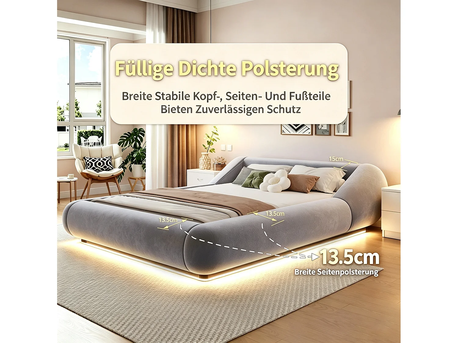 Polstret seng 140 x 200 cm med hovedgærde der omslutter og LED-belysning - Fløjl - Buet design - Grå (madras medfølger ikke)