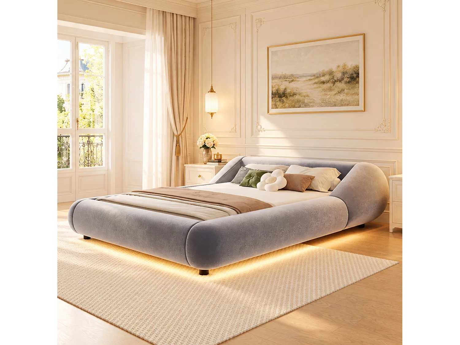 Polstret seng 140 x 200 cm med hovedgærde der omslutter og LED-belysning - Fløjl - Buet design - Grå (madras medfølger ikke)