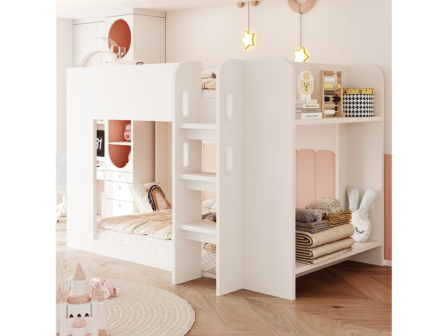 Lit superposé 90 x 200 cm avec barrière de sécurité et étagère de rangement - Contreplaqué et MDF - Blanc (sans matelas)