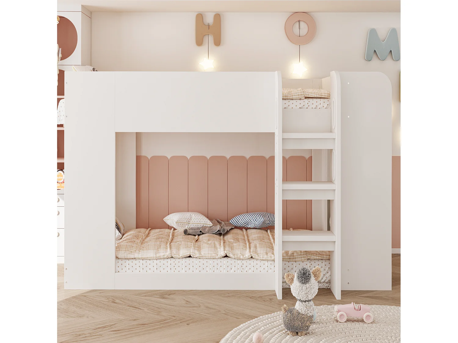 Lit superposé 90 x 200 cm avec barrière de sécurité et étagère de rangement - Contreplaqué et MDF - Blanc (sans matelas)
