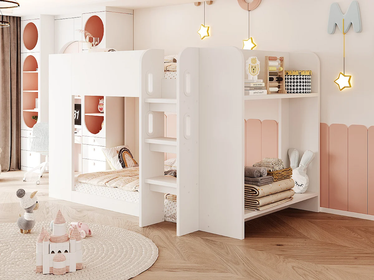 Lit superposé 90 x 200 cm avec barrière de sécurité et étagère de rangement - Contreplaqué et MDF - Blanc (sans matelas)
