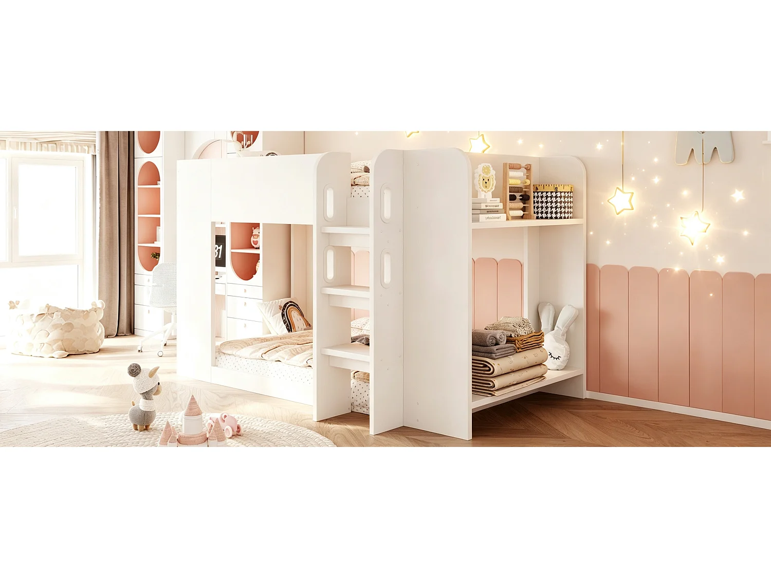 Lit superposé 90 x 200 cm avec barrière de sécurité et étagère de rangement - Contreplaqué et MDF - Blanc (sans matelas)