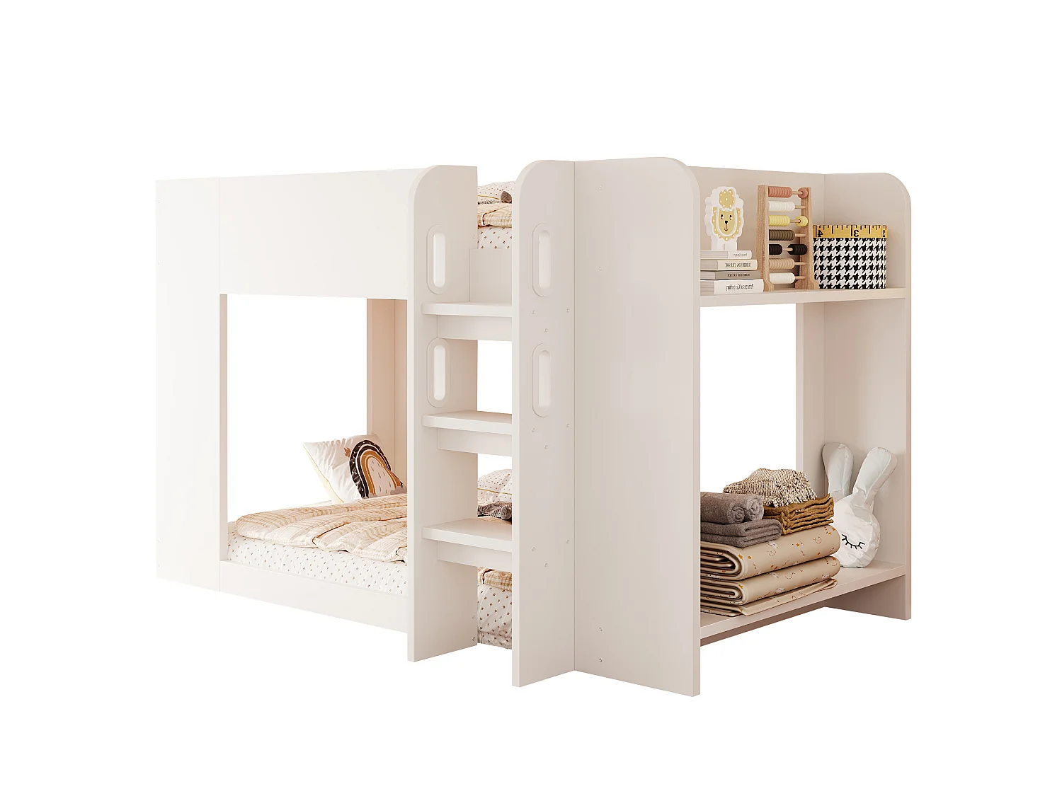 Lit superposé 90 x 200 cm avec barrière de sécurité et étagère de rangement - Contreplaqué et MDF - Blanc (sans matelas)