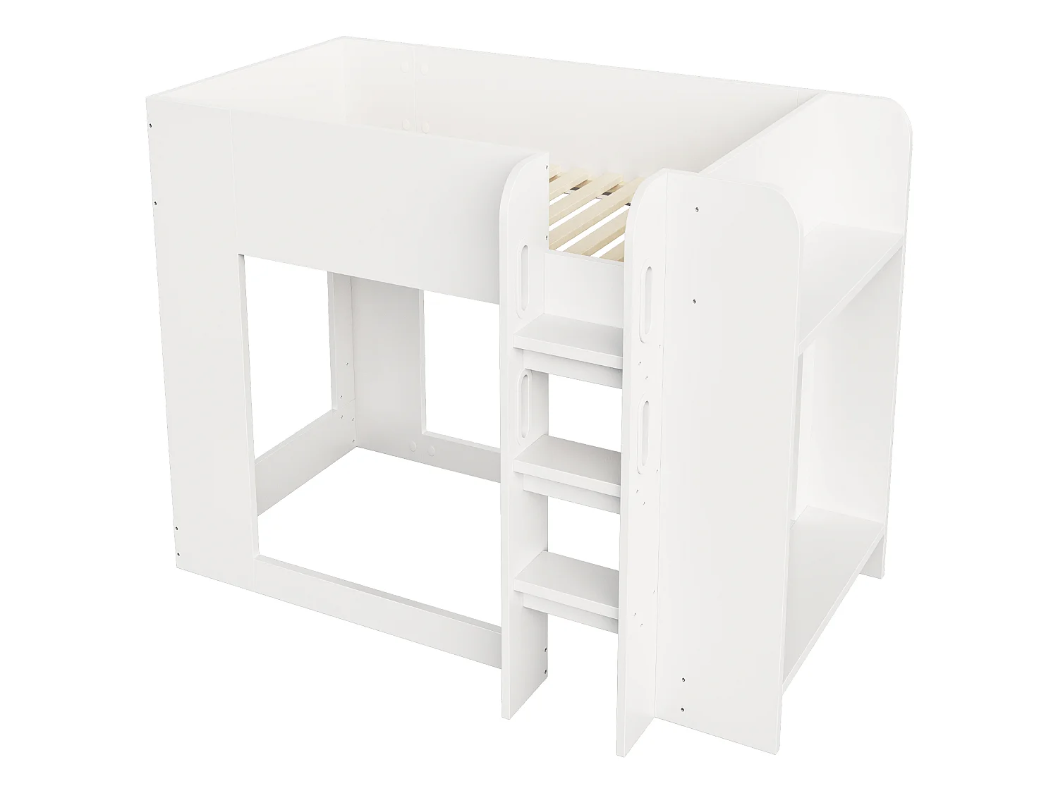 Lit superposé 90 x 200 cm avec barrière de sécurité et étagère de rangement - Contreplaqué et MDF - Blanc (sans matelas)