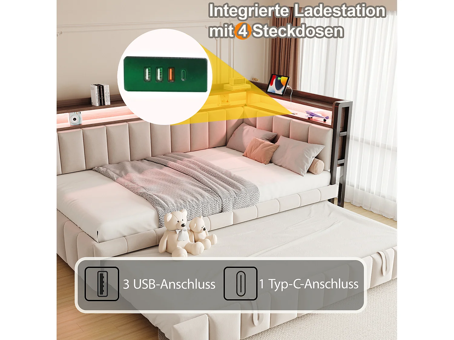 Udtræksseng 90 x 200 cm + 90 x 190 cm med hovedgærde, LED-belysning og USB/Type-C-porte - Fløjl - Beige (madras medfølger ikke)