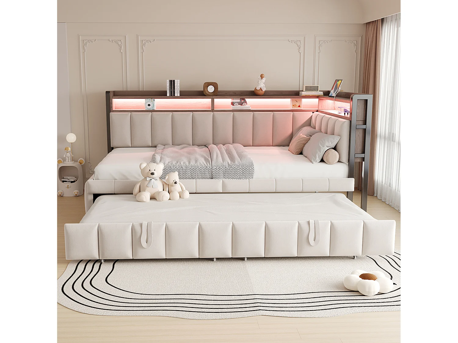 Udtræksseng 90 x 200 cm + 90 x 190 cm med hovedgærde, LED-belysning og USB/Type-C-porte - Fløjl - Beige (madras medfølger ikke)