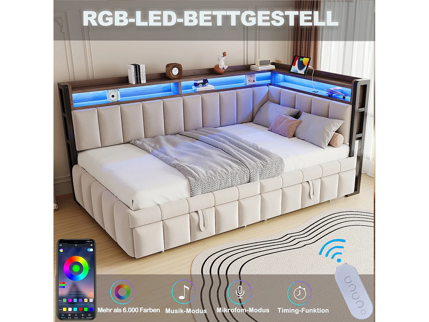 Udtræksseng 90 x 200 cm + 90 x 190 cm med hovedgærde, LED-belysning og USB/Type-C-porte - Fløjl - Beige (madras medfølger ikke)